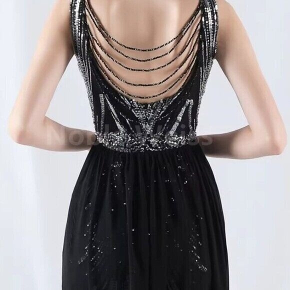 Black, Draped Skirt, Beaded Back,  V Neck,  Sleeveless, Sequined Mermaid… - Picture 10 of 16